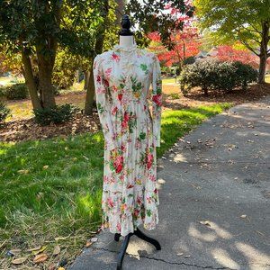 Vintage Handmade Pink Floral L/S Lace Collar Tiered Maxi Dress